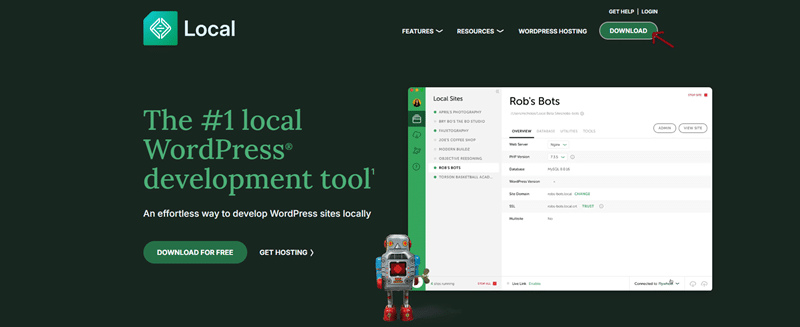 Localhost download auf der localwp homepage