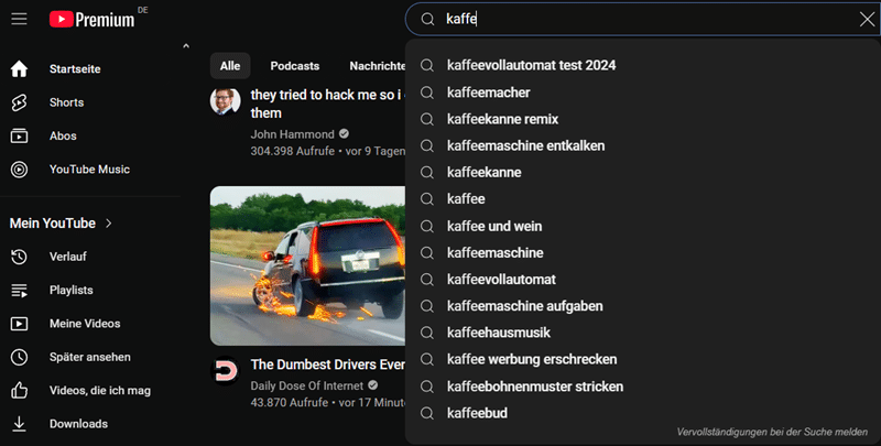 YouTube-Suchvorschläge zum Keyword „Kaffee“ als Beispiel für Keyword-Recherche über Suggest-Funktion