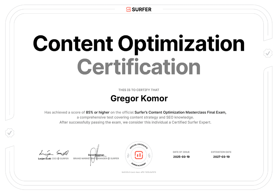 Gregor Komor Certified SEO Surfer Expert