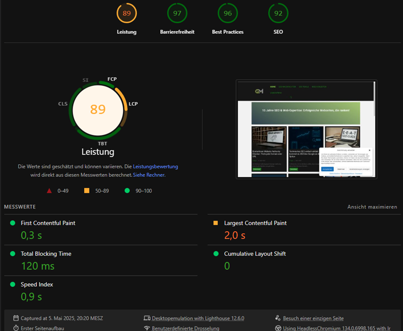 Google PageSpeed Insights Tools: Darstellung der Geschwindigkeitsmessung einer Webseite mit Ergebnissen für Mobil- und Desktopversion sowie Optimierungsvorschlägen zur Verbesserung der Ladezeit.