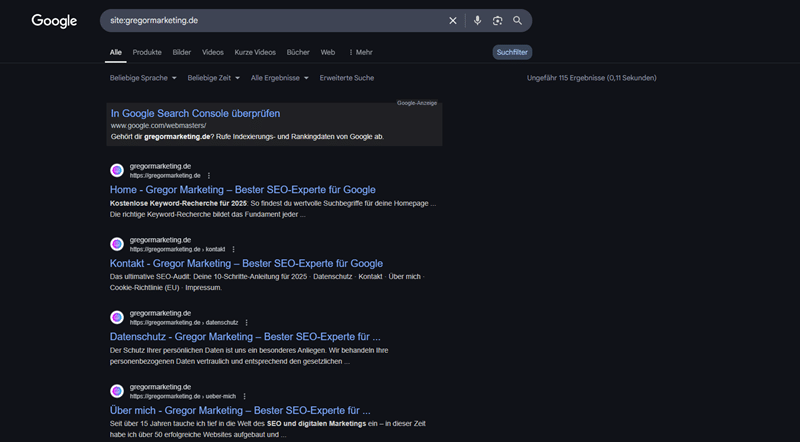 Screenshot der Google-Site-Abfrage in der Suche: Mit der Eingabe site:deine-domain.de im Suchfeld zeigt Google alle indexierten Seiten einer Domain an – ideal zur Überprüfung, welche Unterseiten aktuell im Google-Index gelistet sind.