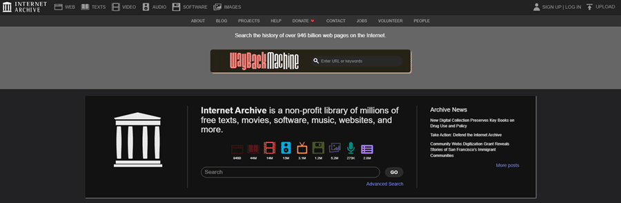 Startseite der Wayback Machine auf archive.org – Tool zur Analyse alter Webseiten-Inhalte vor dem Kauf einer Expired Domain
