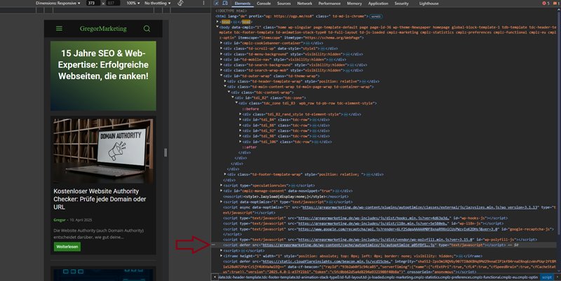 Website im Developer-Tool mit sichtbarem defer-JavaScript