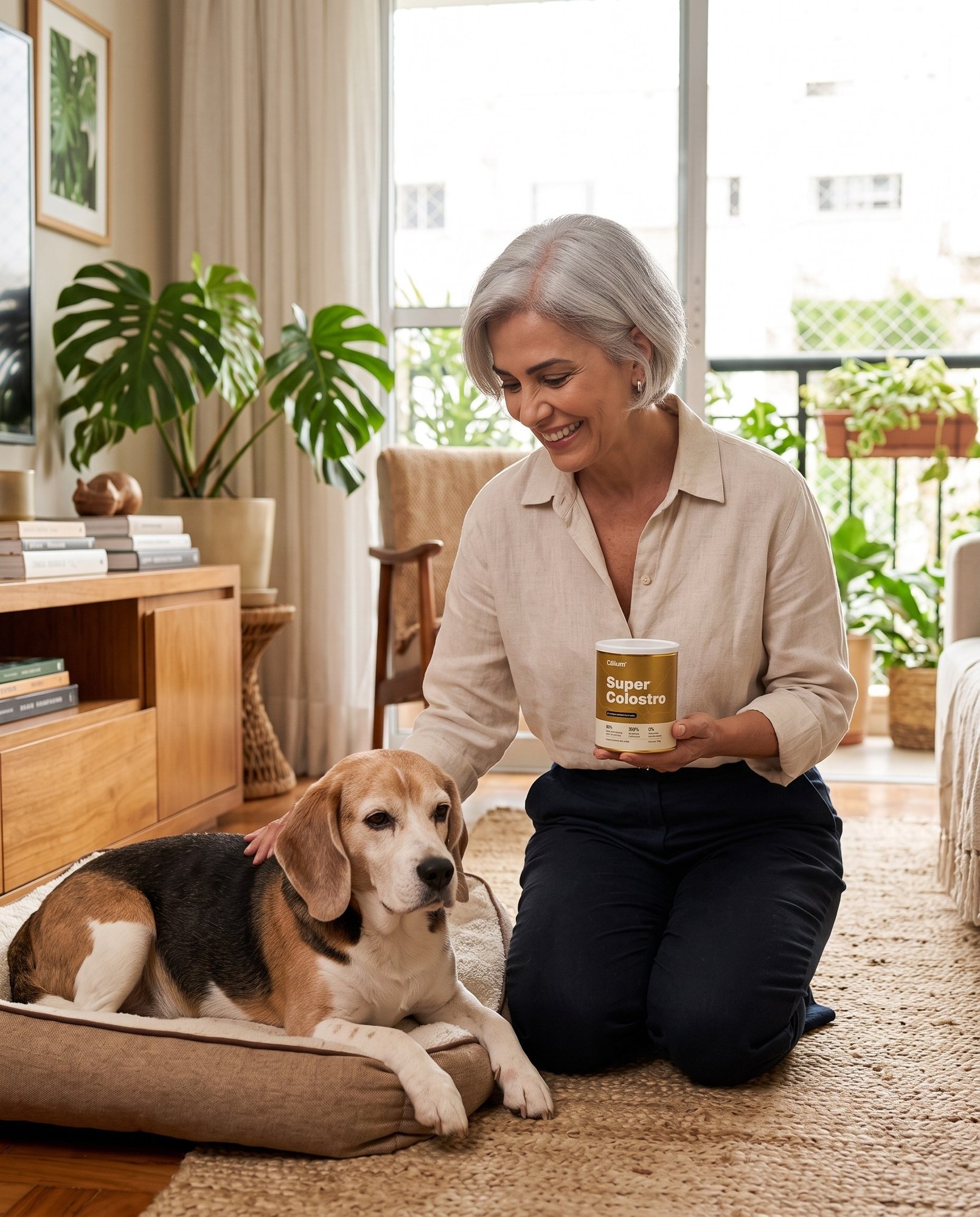 Tutora com a lata de Super Colostro ao lado do beagle