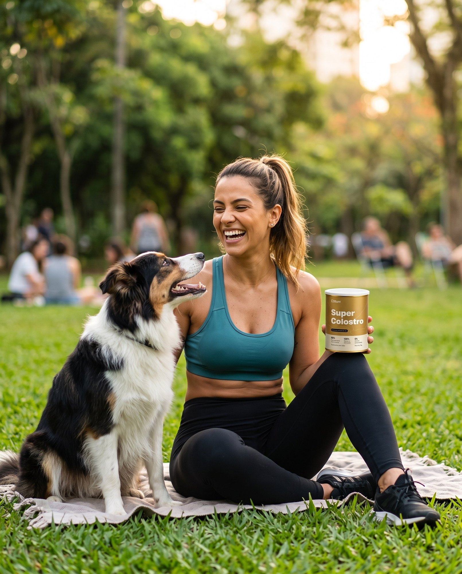 Tutora no parque com o border collie e a lata de Super Colostro