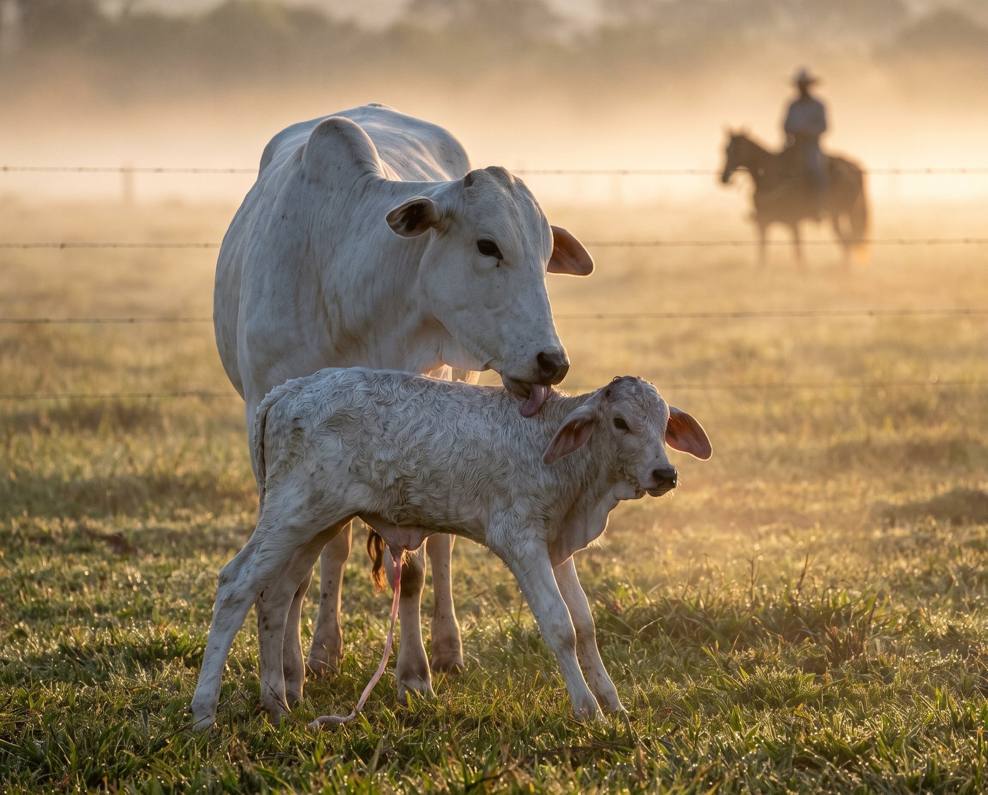 Vaca Nelore lambe o bezerro recém-nascido no pasto ao amanhecer