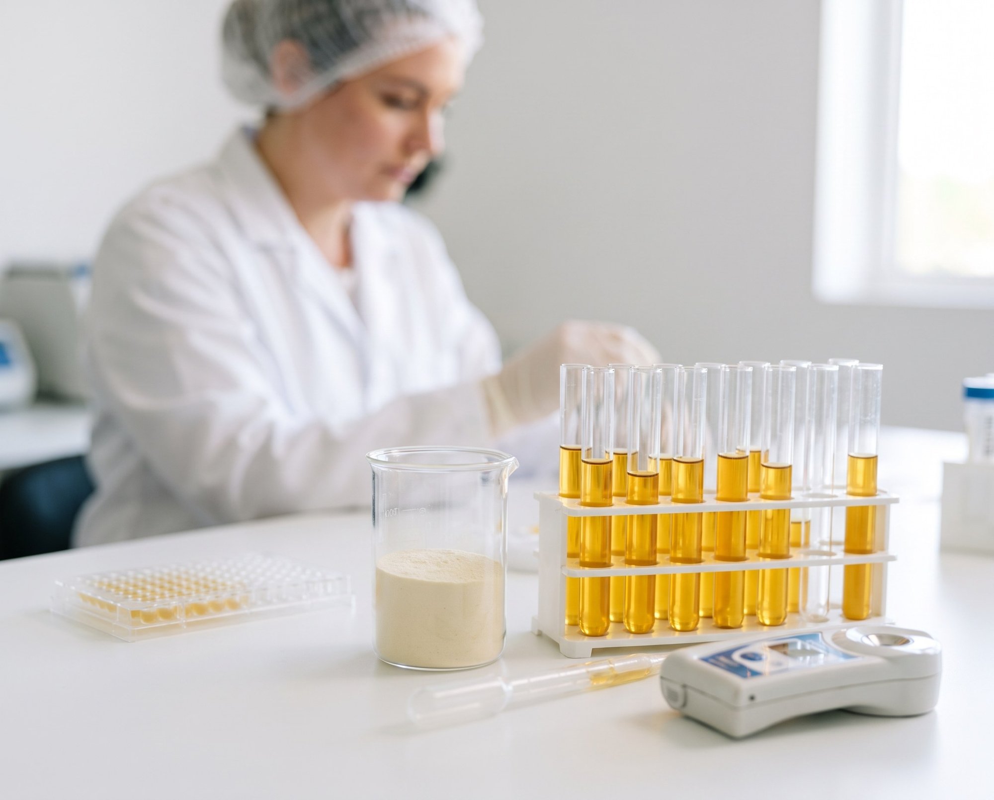 Bancada de laboratório com tubos de colostro, refratômetro e placa de análise
