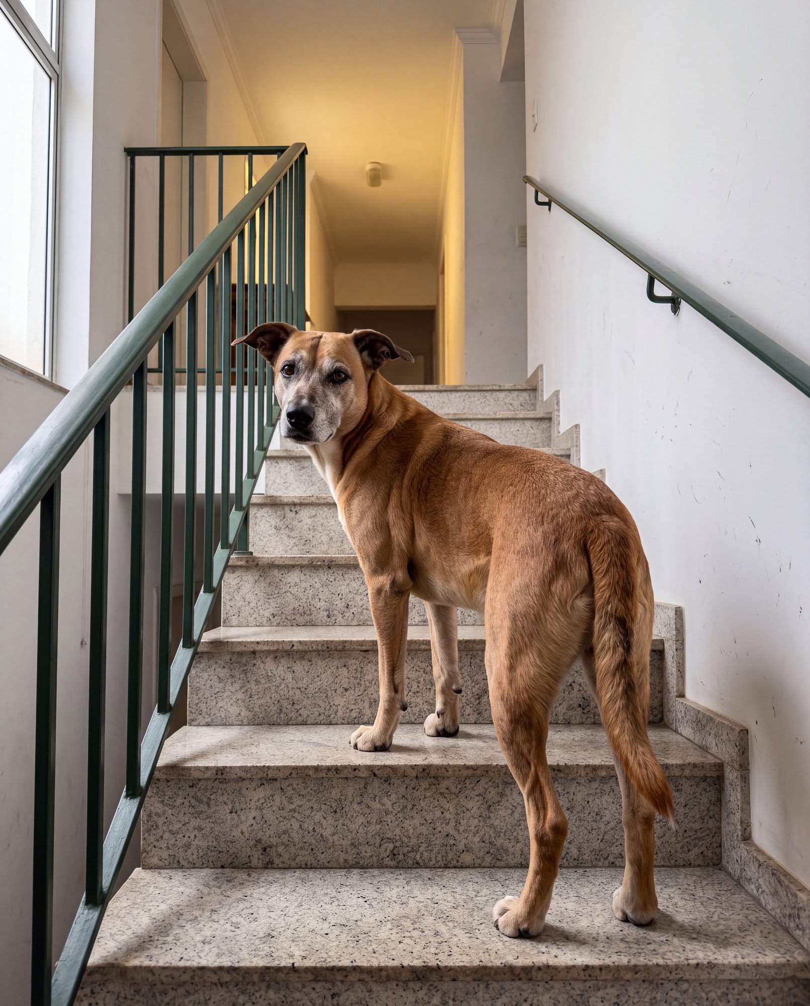 Cão maduro parado no degrau da escada olhando para trás