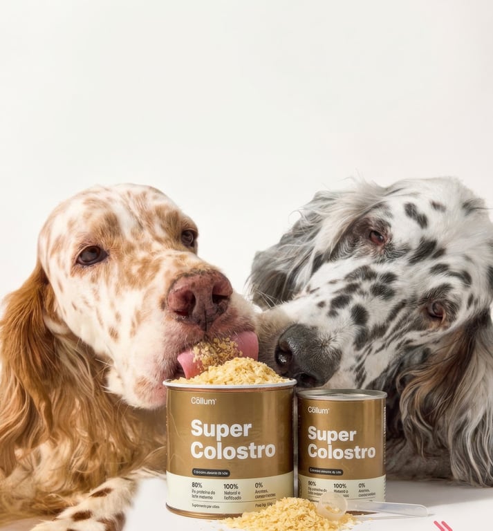 Dois setters lambendo o pó de Super Colostro na lata Cōllum