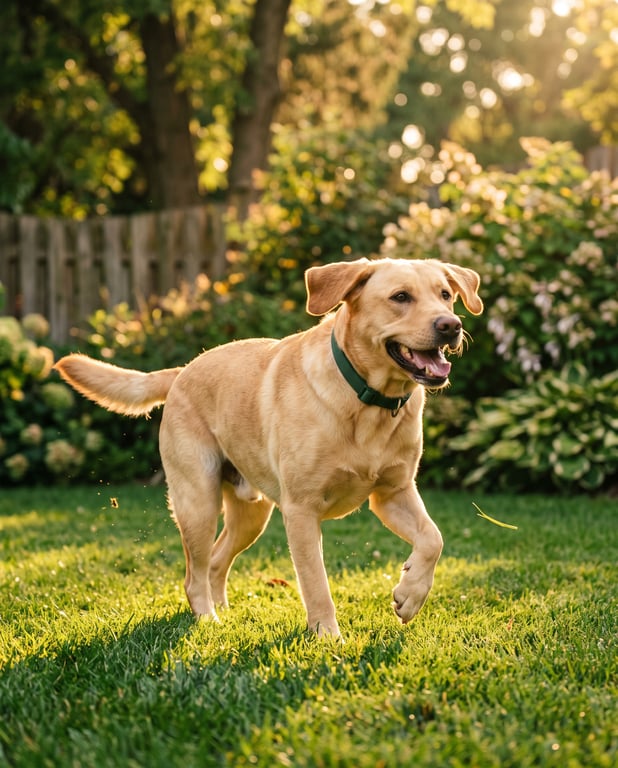 Cão feliz e cheio de disposição no quintal ao fim da tarde