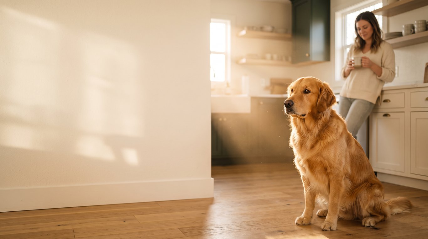 Cão saudável na cozinha ao lado da tutora, luz dourada da manhã