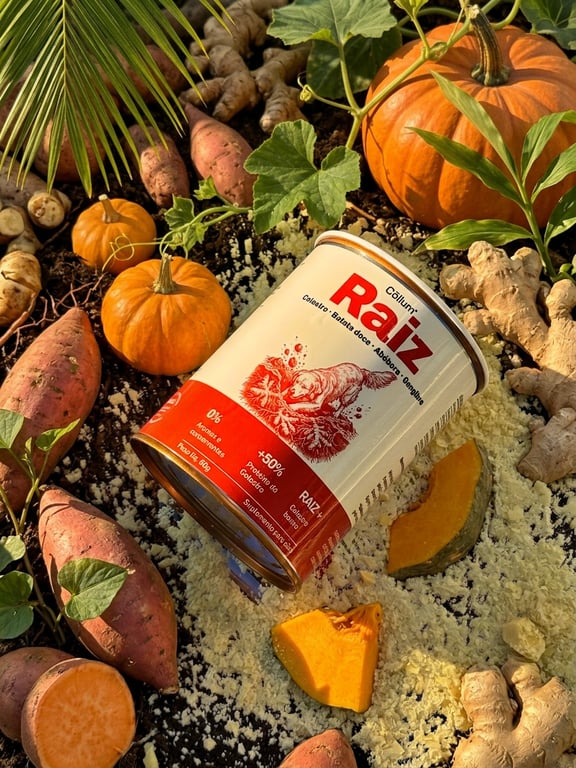 Lata Raiz entre batata-doce, abóbora e gengibre