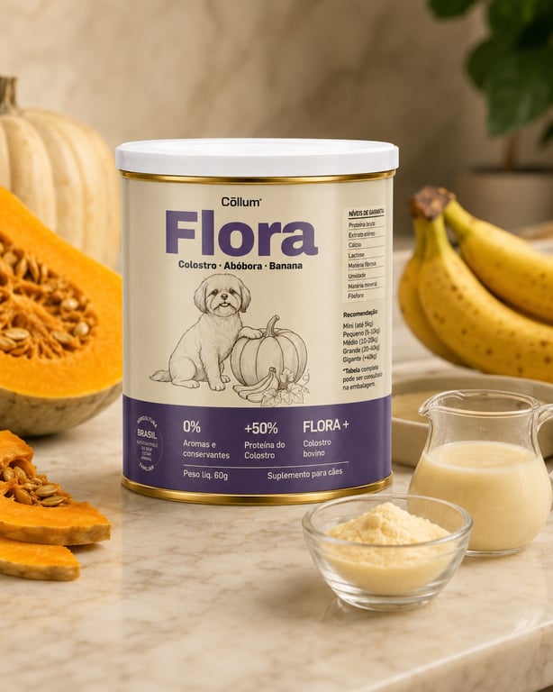 Lata Flora da Cōllum no centro, cercada por abóbora, banana e colostro liofilizado