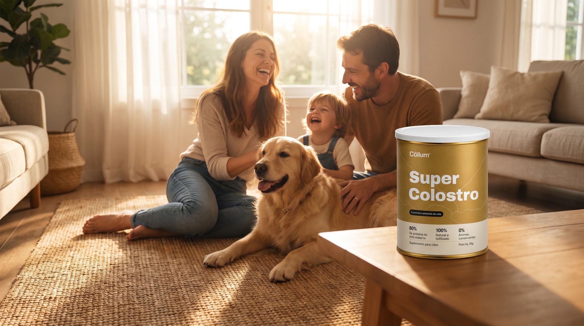 Família na sala com um golden retriever e a lata de Super Colostro Cōllum na mesa