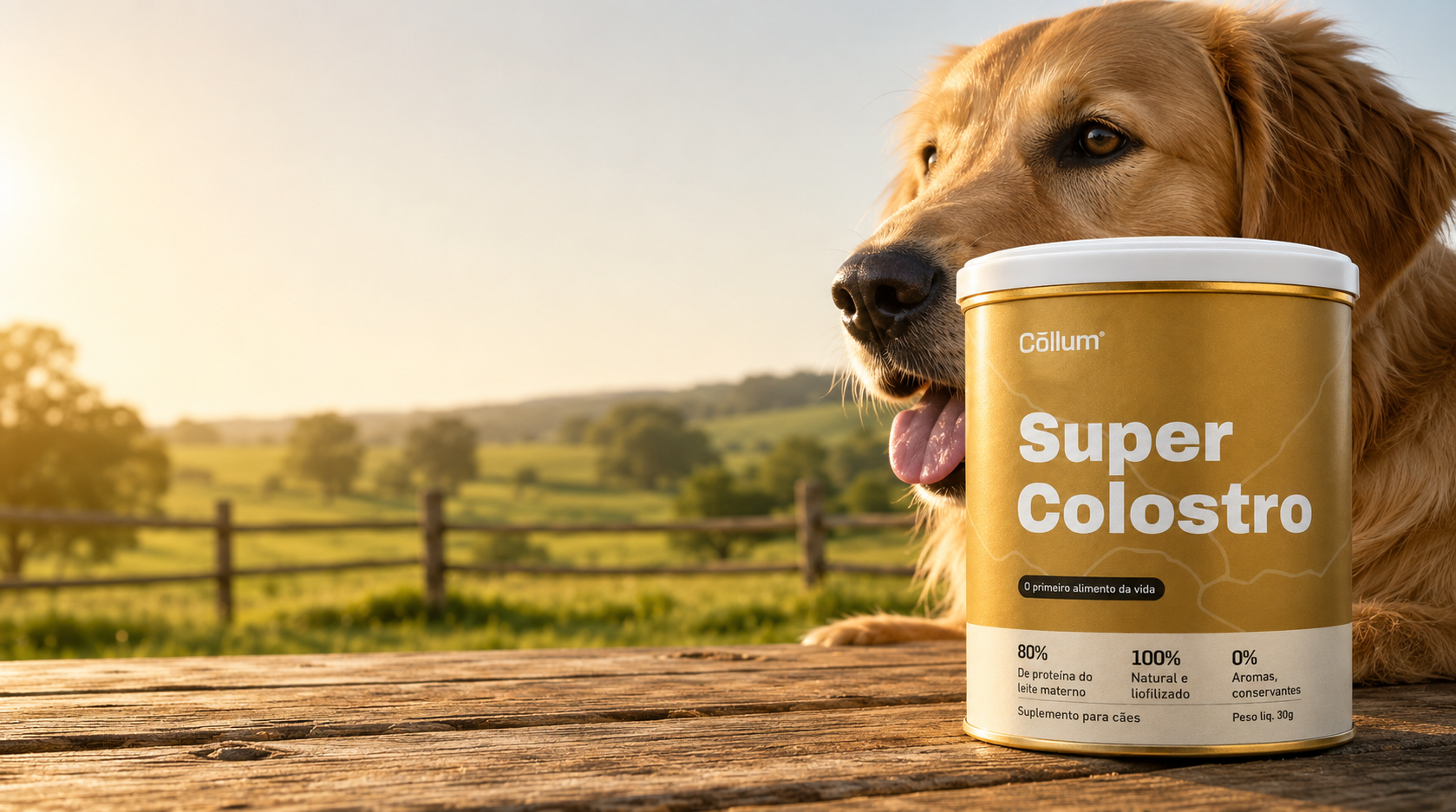Super Colostro para cães com golden retriever no campo