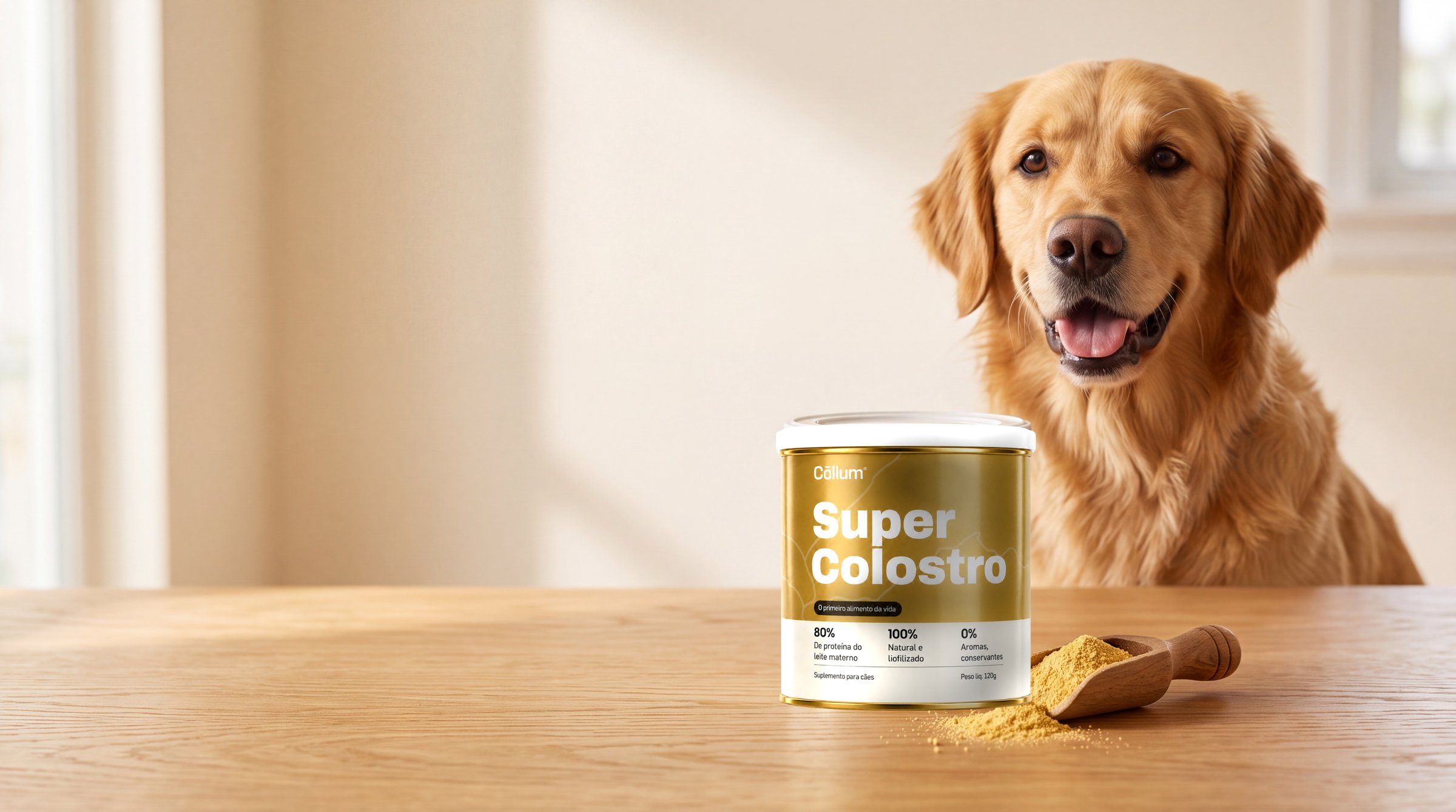 Super Colostro na mesa com golden retriever