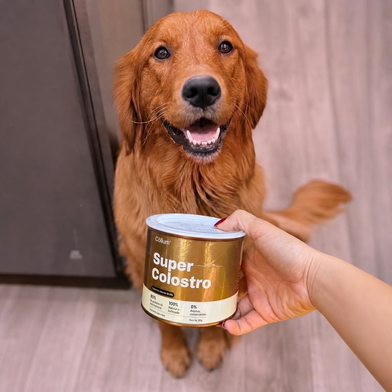 Golden retriever com a lata de Super Colostro