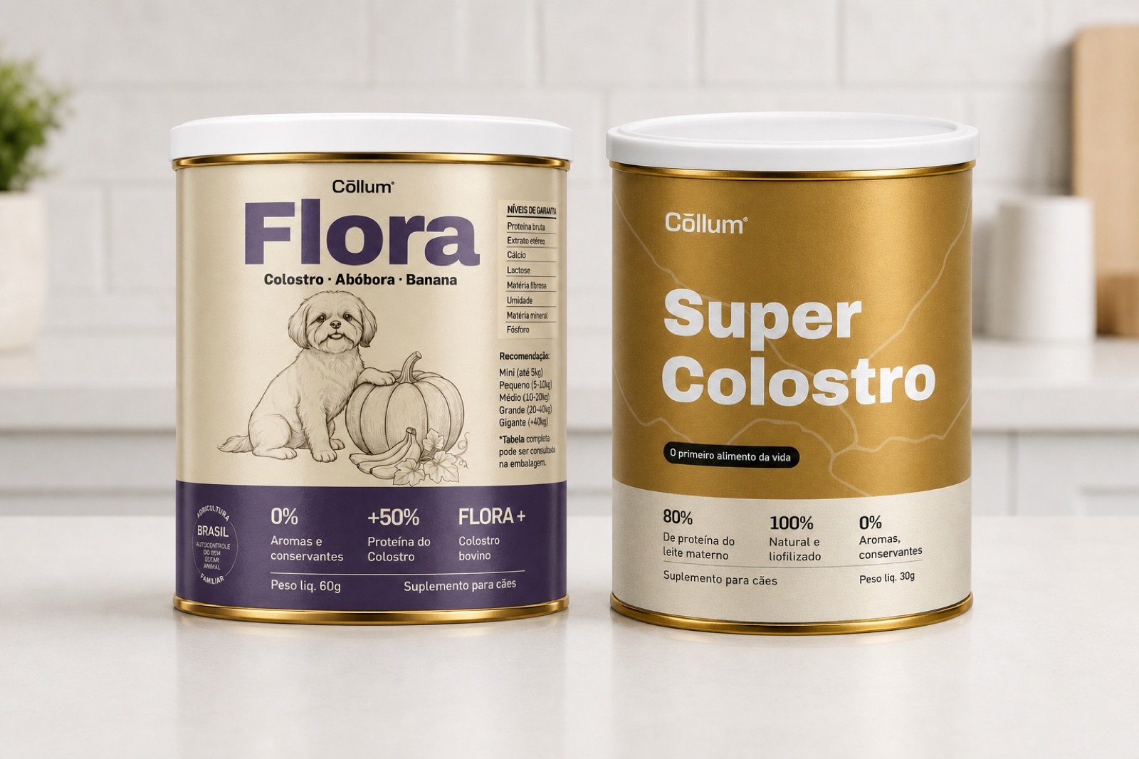 Lata Super Colostro e lata Flora Cōllum sobre a bancada