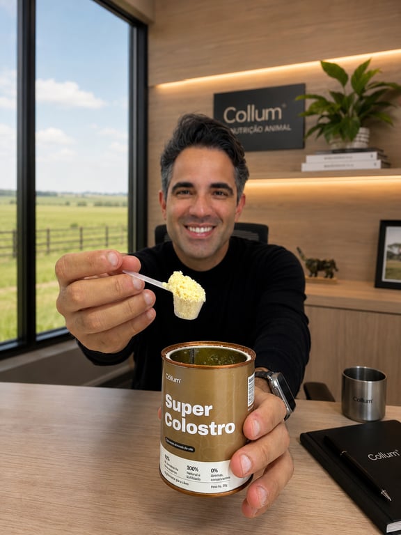 Jefferson, fundador da Cōllum, oferecendo um scoop de Super Colostro com a fazenda ao fundo