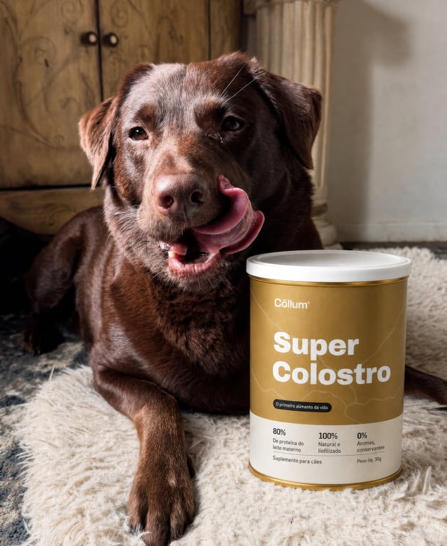 Labrador lambendo o pó de Super Colostro na lata Cōllum