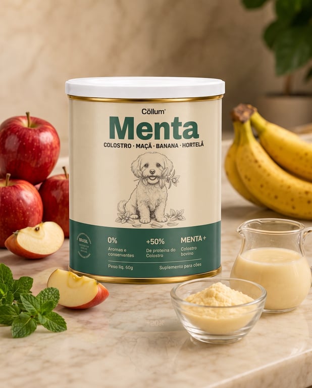 Lata Menta da Cōllum na bancada, com maçã, banana e hortelã ao redor