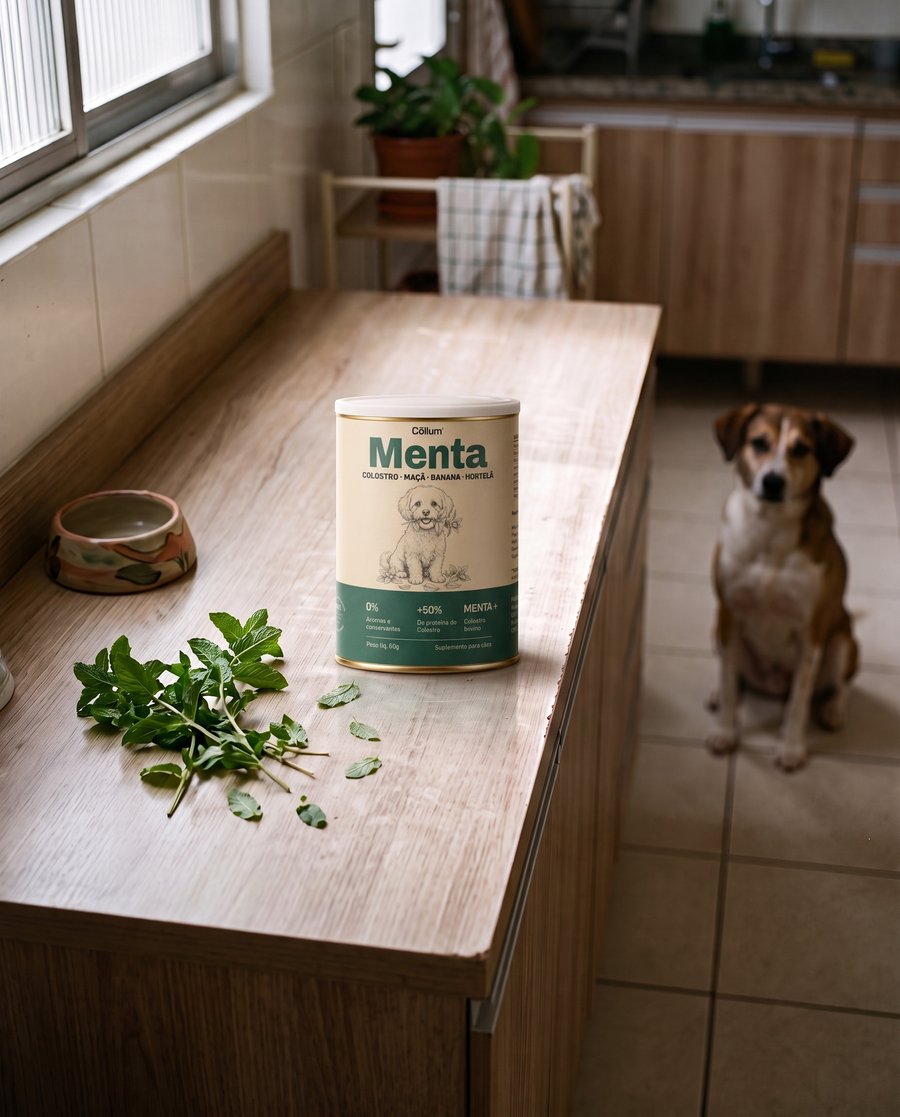 Lata Menta da Cōllum na bancada da cozinha, com hortelã fresca e o cão esperando