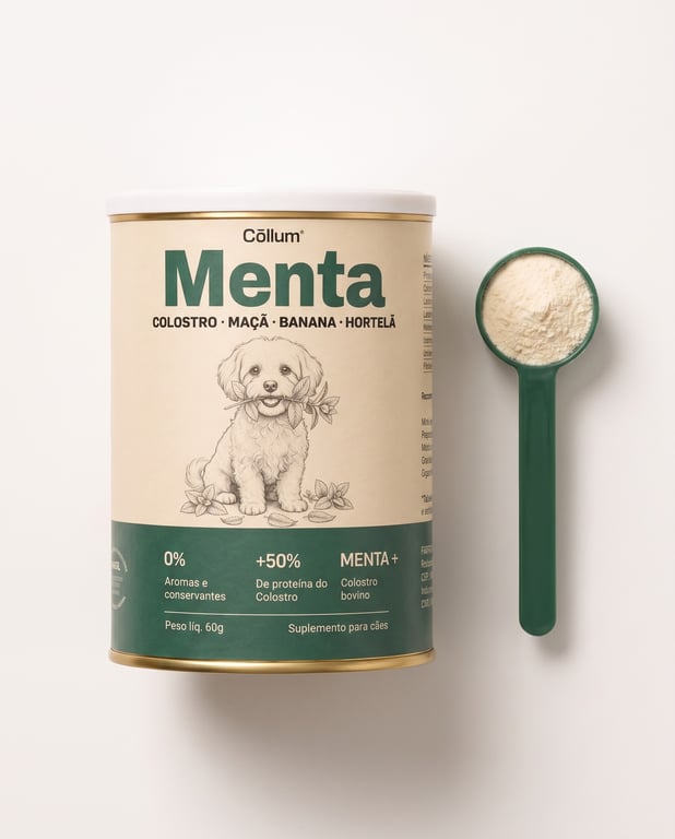 Lata Menta ao lado do scoop com o pó de colostro