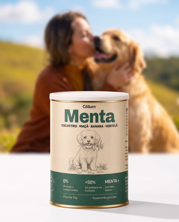 Lata Menta da Cōllum com tutora e cão ao fundo