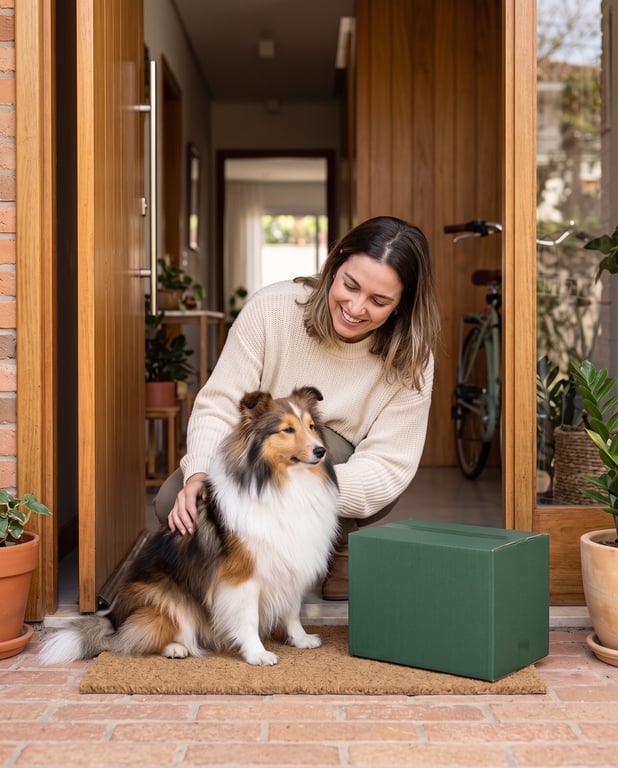 Tutora recebendo a caixa da Cōllum na porta de casa com o cão ao lado