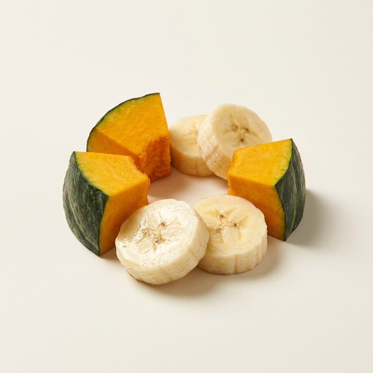 Abobora e banana frescas, os ingredientes da lata Flora