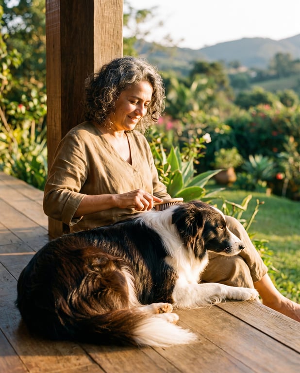 Tutora escovando seu border collie na varanda