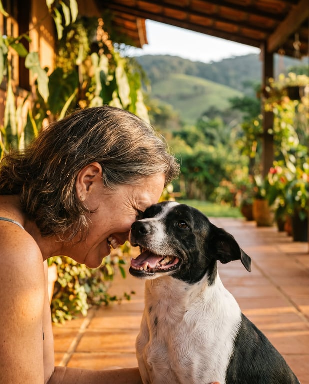 Tutora abracada com seu cao na varanda