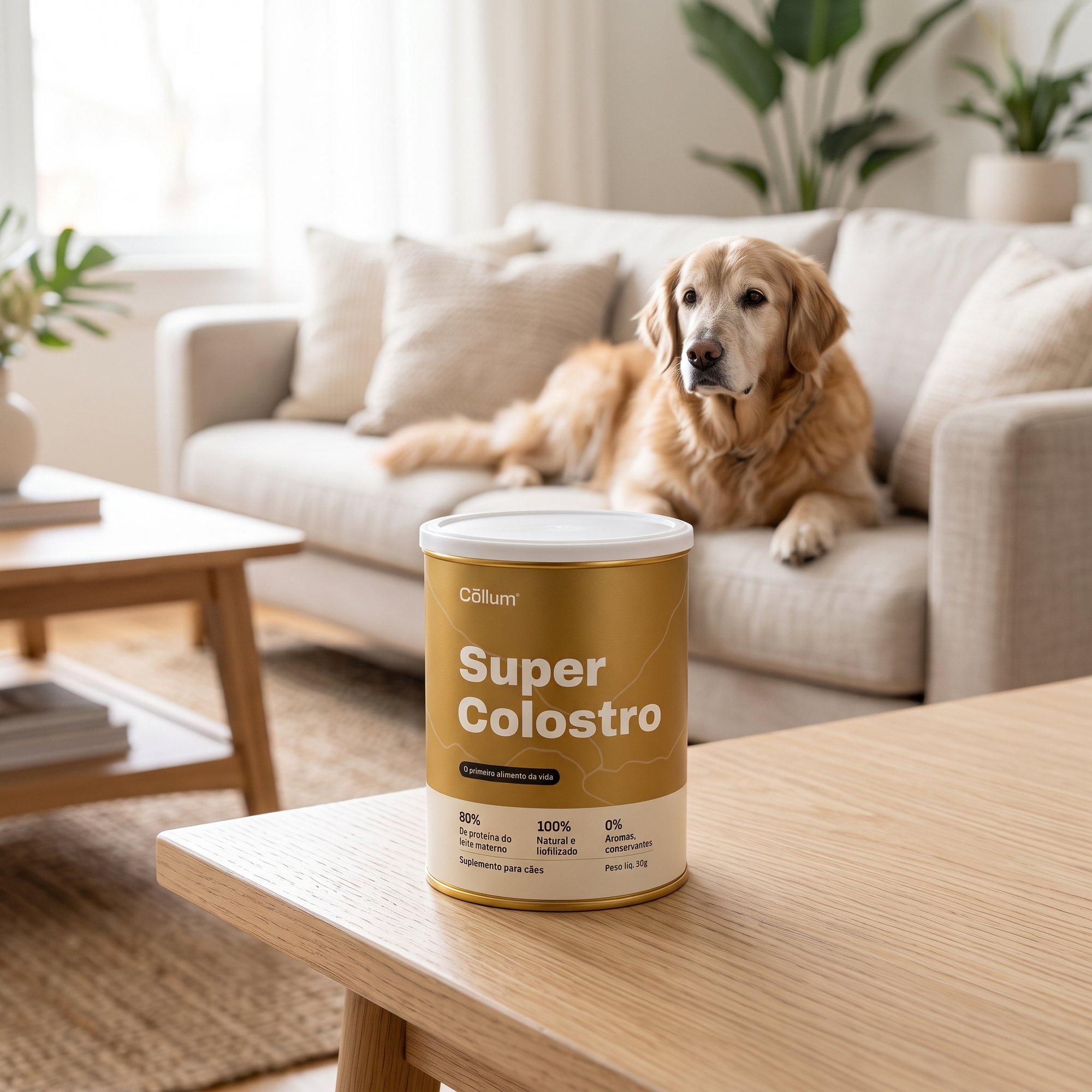 Lata de Super Colostro Cōllum sobre a mesa com cão sênior descansando no sofá ao fundo