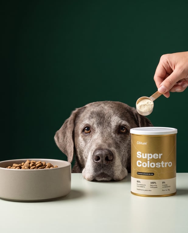 Cão maduro ao lado da lata de Super Colostro enquanto uma mão serve o scoop no pote