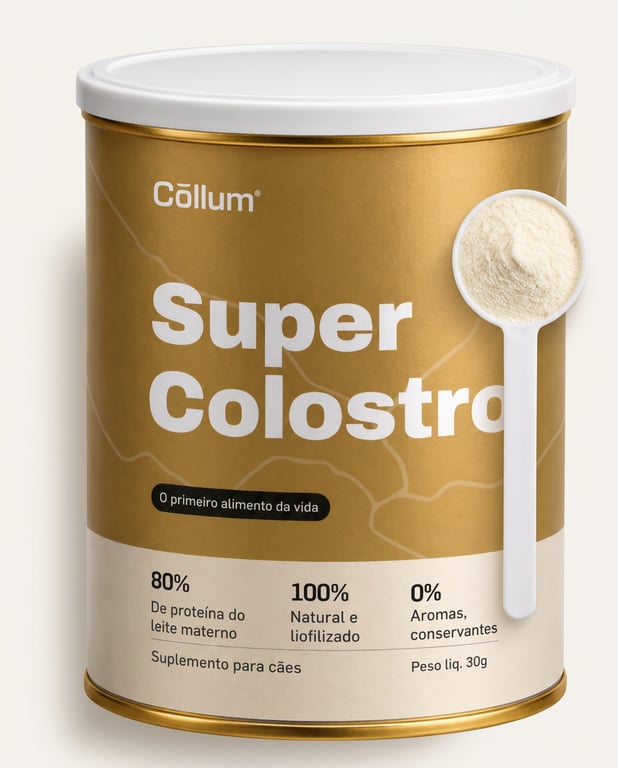 Lata de Super Colostro ao lado do scoop com o pó