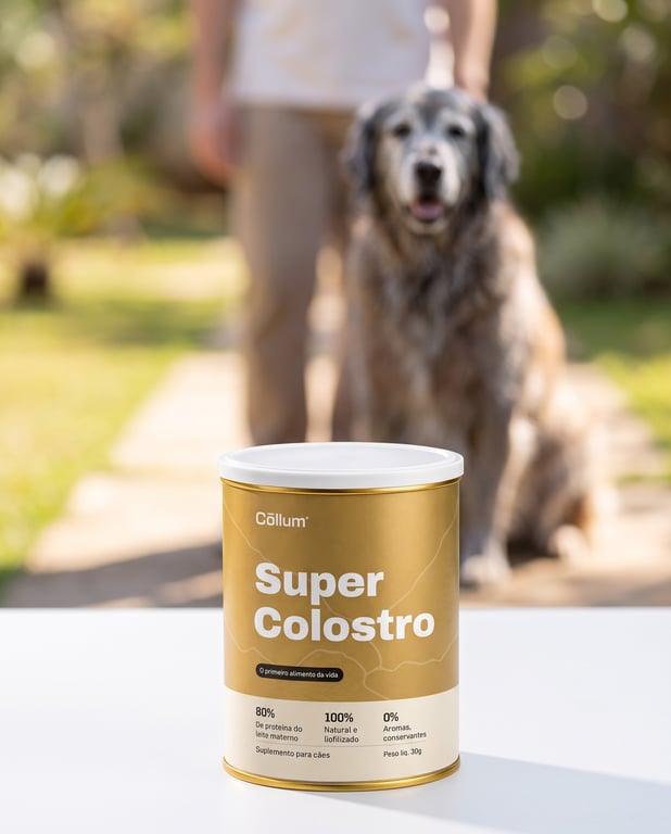 Lata de Super Colostro 30g da Cōllum com cão maduro ao fundo