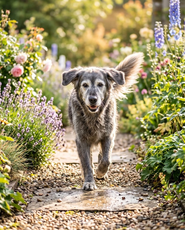 Cão maduro caminhando animado no jardim
