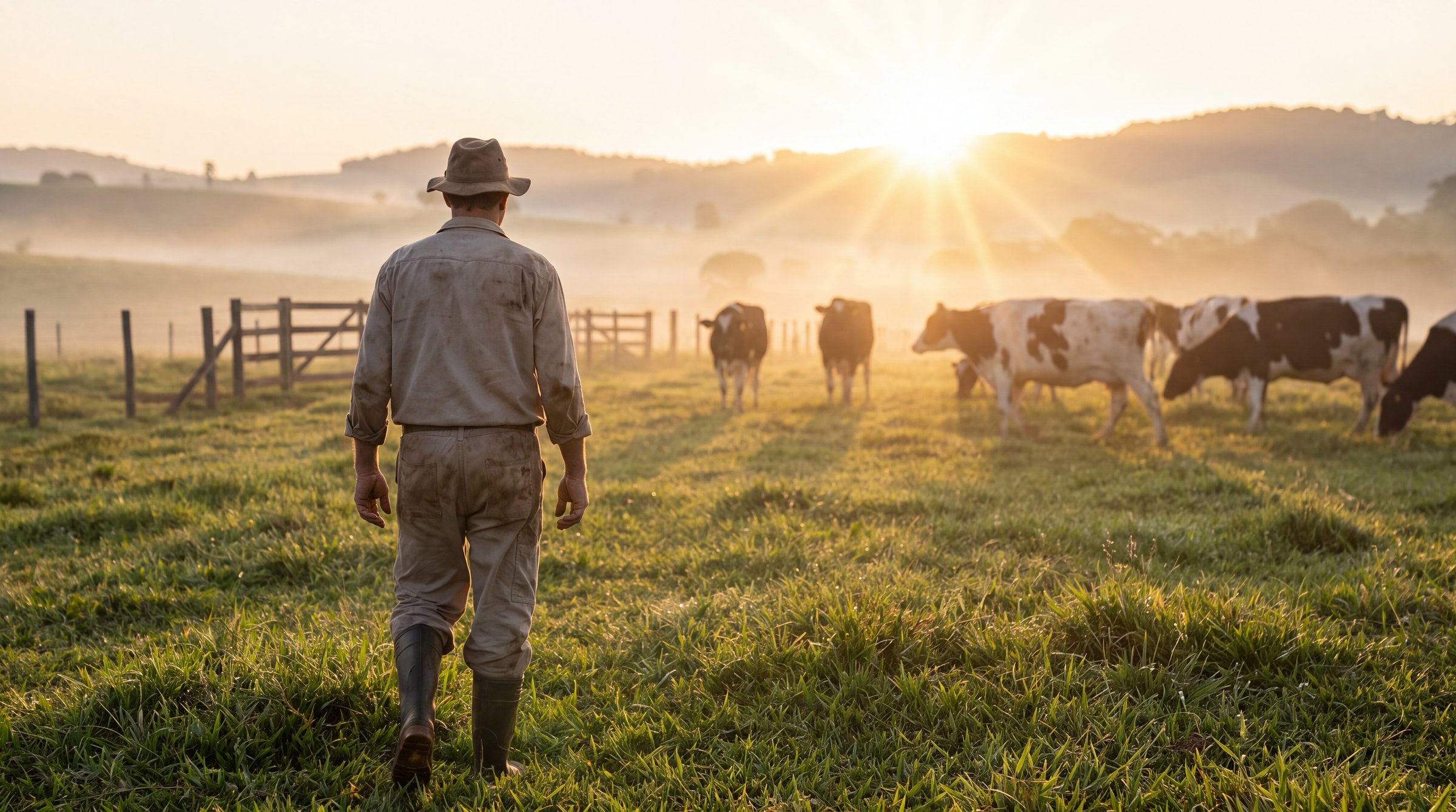 Produtor rural no amanhecer da fazenda
