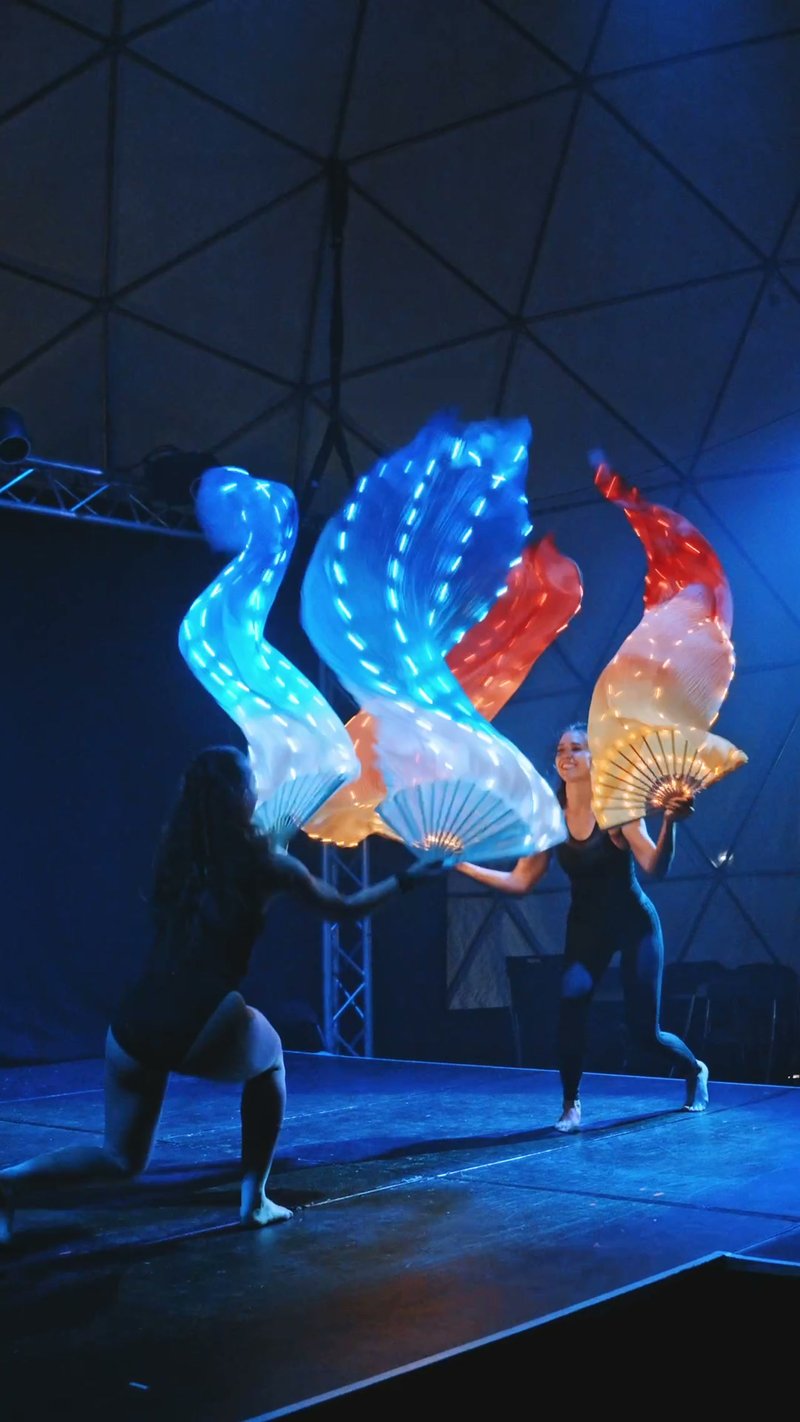 Performers with illuminated wings on a stage under coloured light
