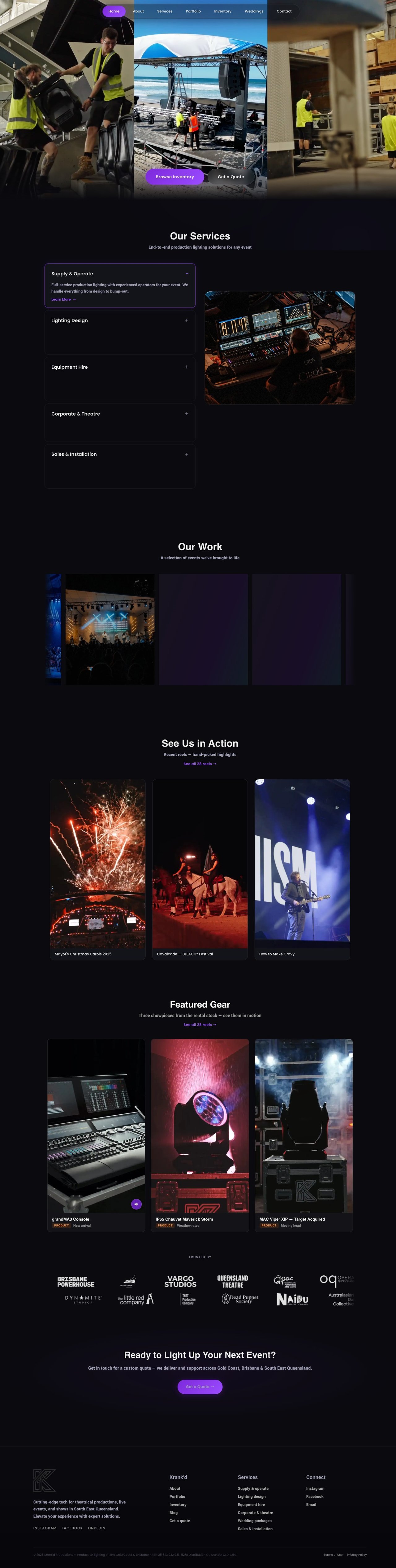 Krank'd Productions home page — hero reel through services, work, gear and CTA