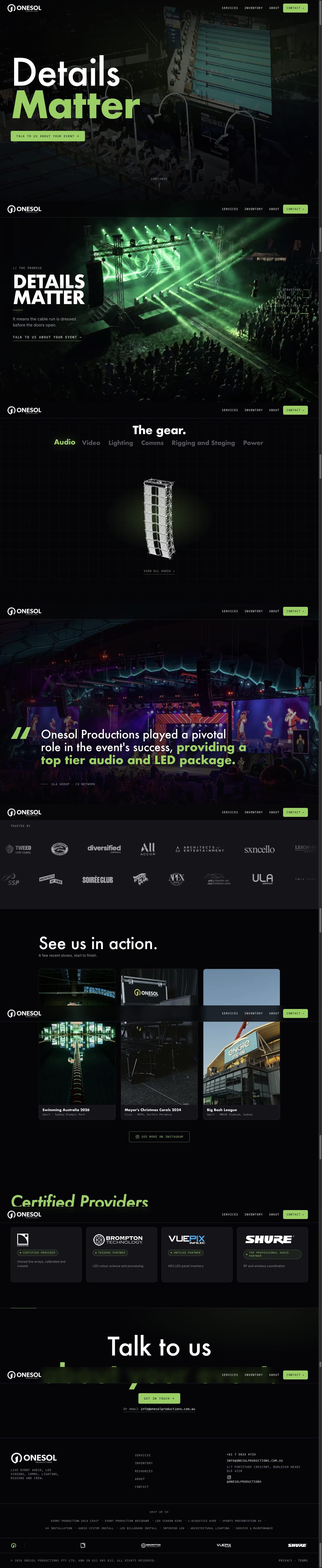 Onesol Productions home page: Details Matter hero, gear showcase, client quote, trusted-by logos, recent shows and CTA