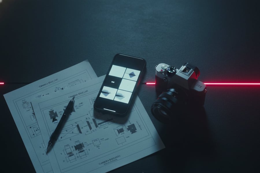 A shot list, storyboard and camera on a dark desk