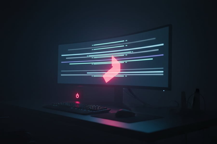 Abstract glowing code on a monitor in a dark developer workspace