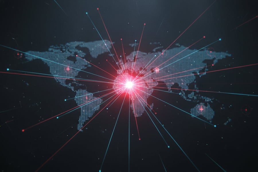 A site radiating across a glowing global edge network on near-black