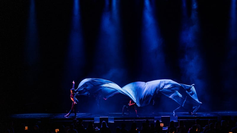 Two aerial silks performers throwing huge silver silks under deep blue beam light at Cirque Bon Bon