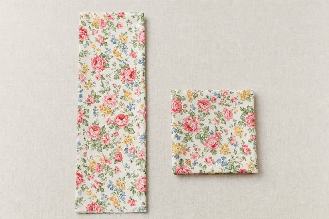 Two cuts of floral cotton side by side: a long narrow standard quarter yard and a squarish fat quarter