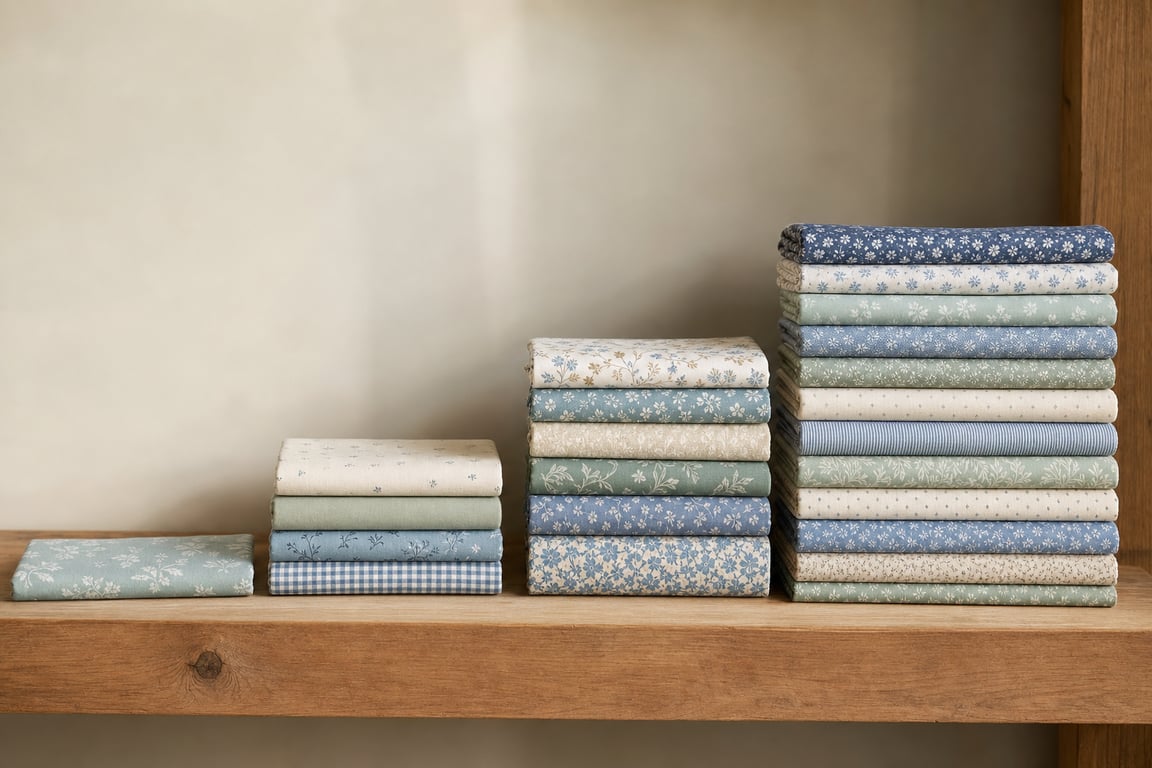Neatly folded cotton fabric stacked in graduated amounts from a thin quarter-yard piece to a tall multi-yard stack