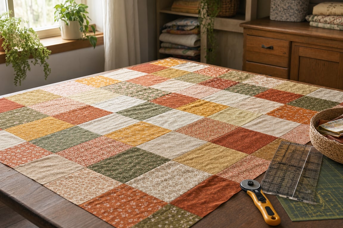 A patchwork quilt top of simple squares in warm coordinated colors spread across a wooden table with quilting rulers and a rotary cutter nearby