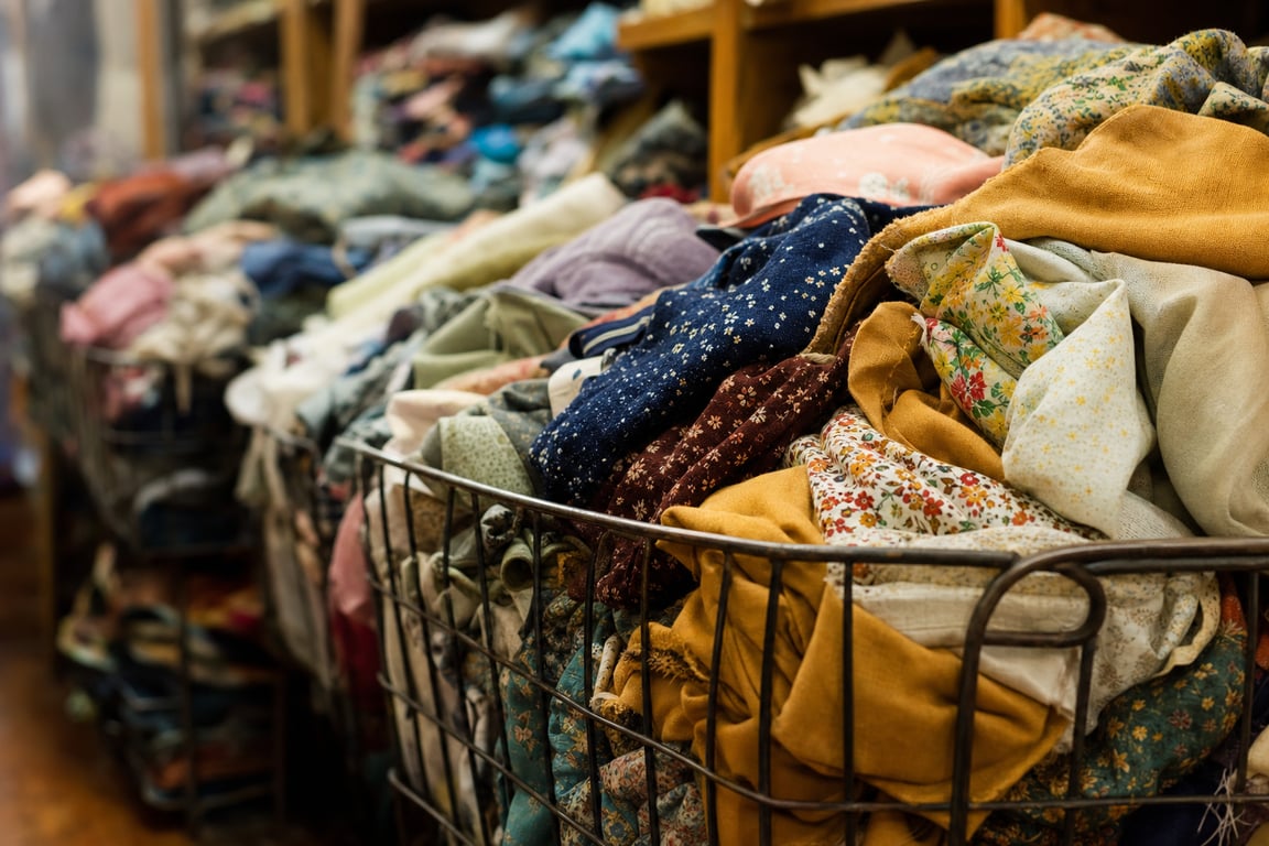 Wire baskets overflowing with folded fabric remnants in assorted colors and prints inside a fabric store