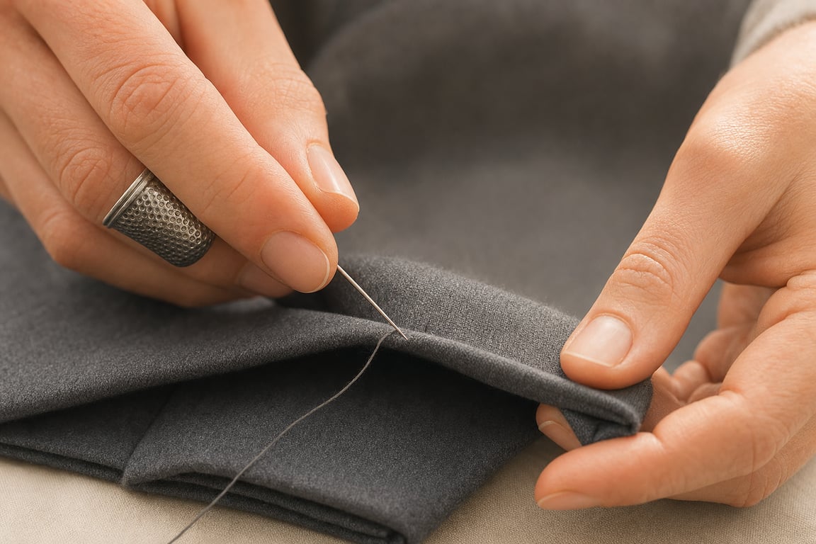 Close-up of hands sewing a blind hem on gray wool trousers, with the needle catching a single thread at the folded edge